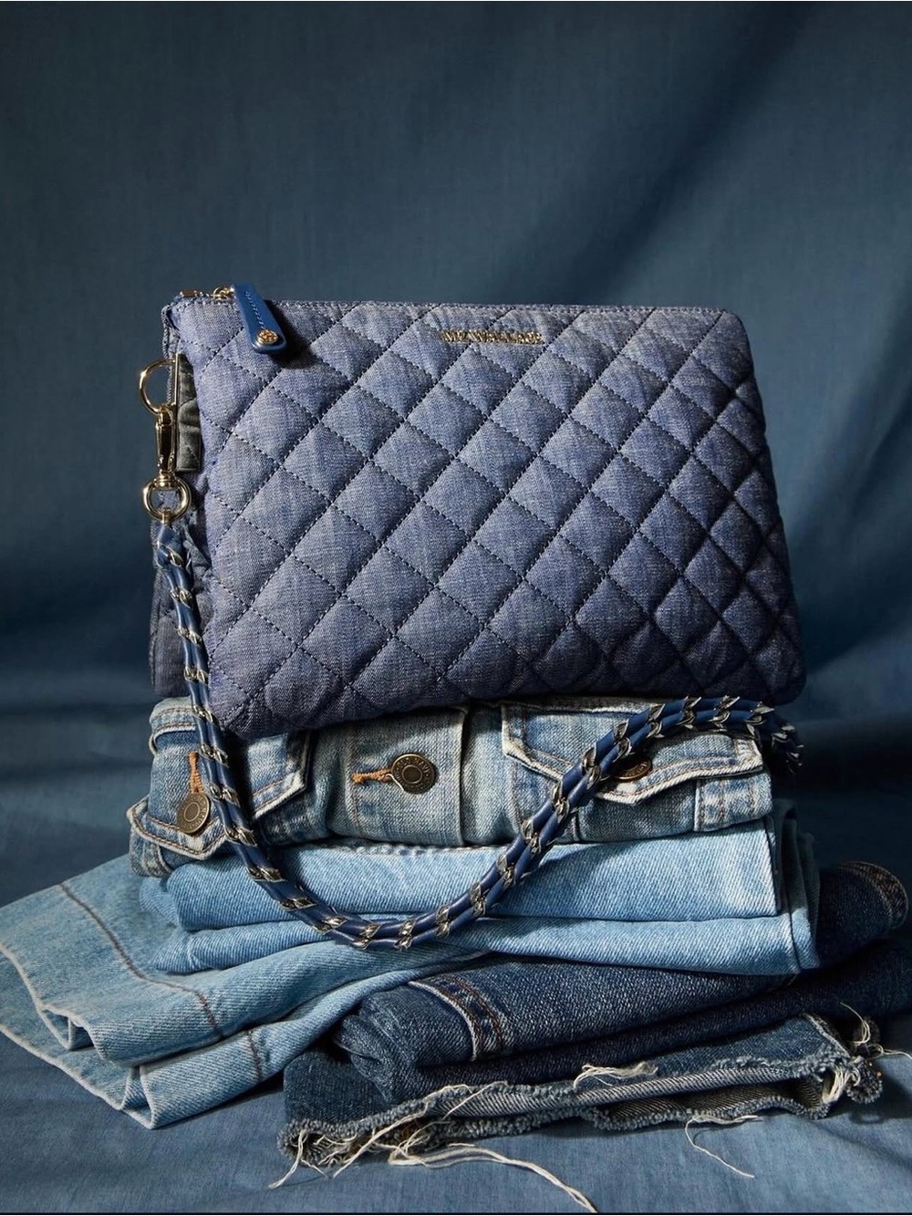MZ Wallace Large Crosby Pippa Indigo Denim Quilted Crossbody Bag - Picture 2 of 9